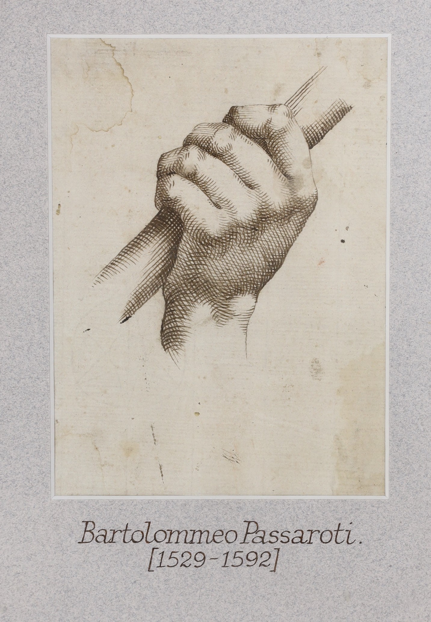 Attributed to Bartolommeo Passaroti (1529-1592), pen and ink, Study of a hand clasping a staff, 16 x 12cm